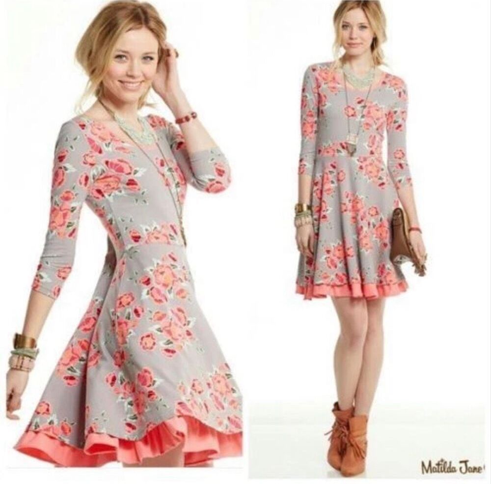 Matilda Jane Medium Marzipan Rose Dress Floral Happy Free grey pink